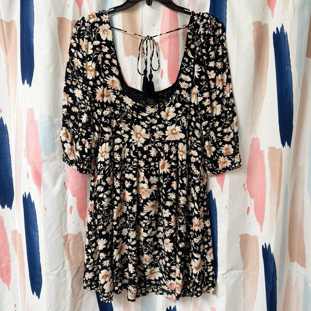 American Eagle Black Floral Babydoll Puff Sleeve Low Back Mini Dress Size XS - Picture 7 of 10